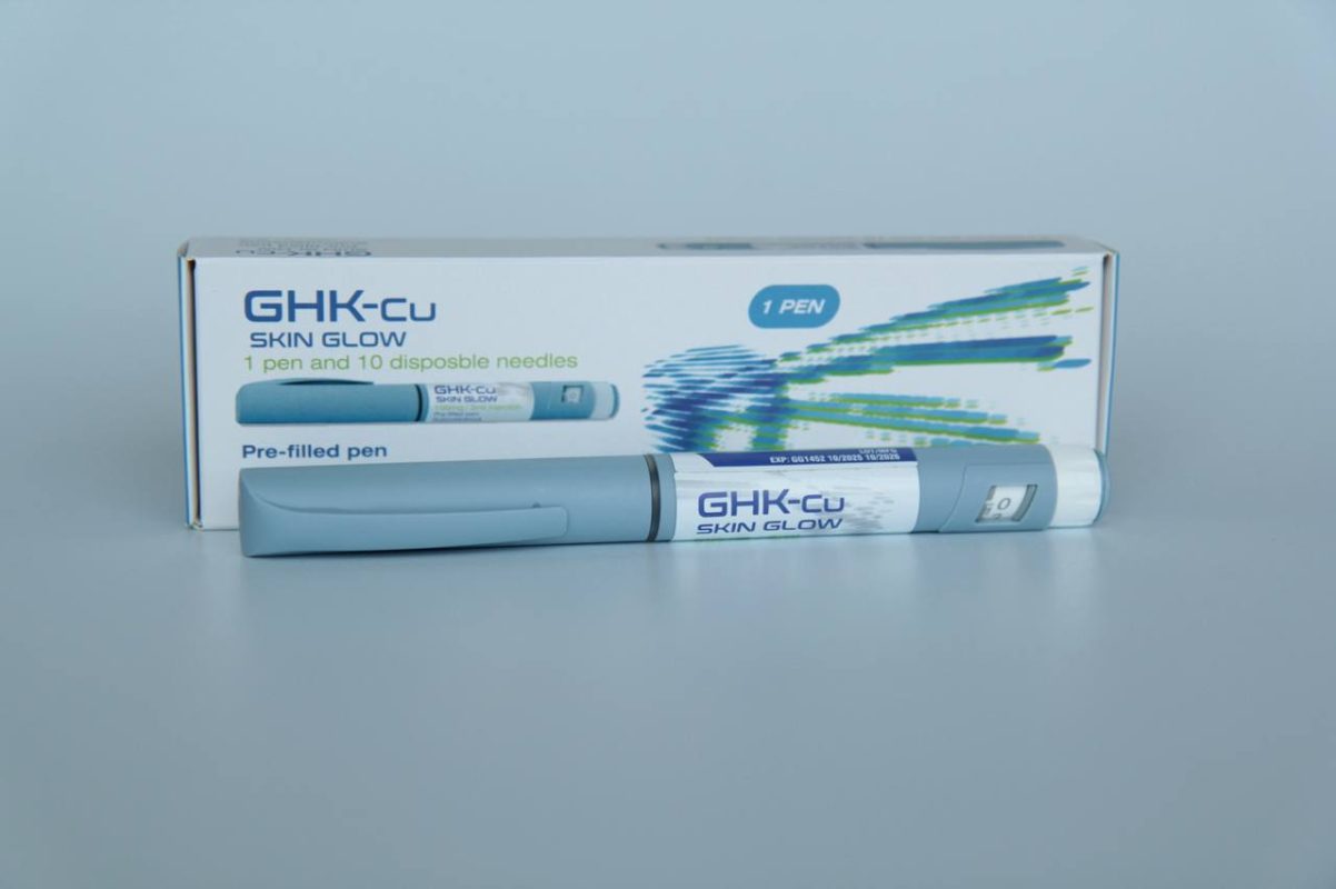 armapeptides GHK-Cu Skin Glow pen and box – blue plastic device for SKIN GLOW product